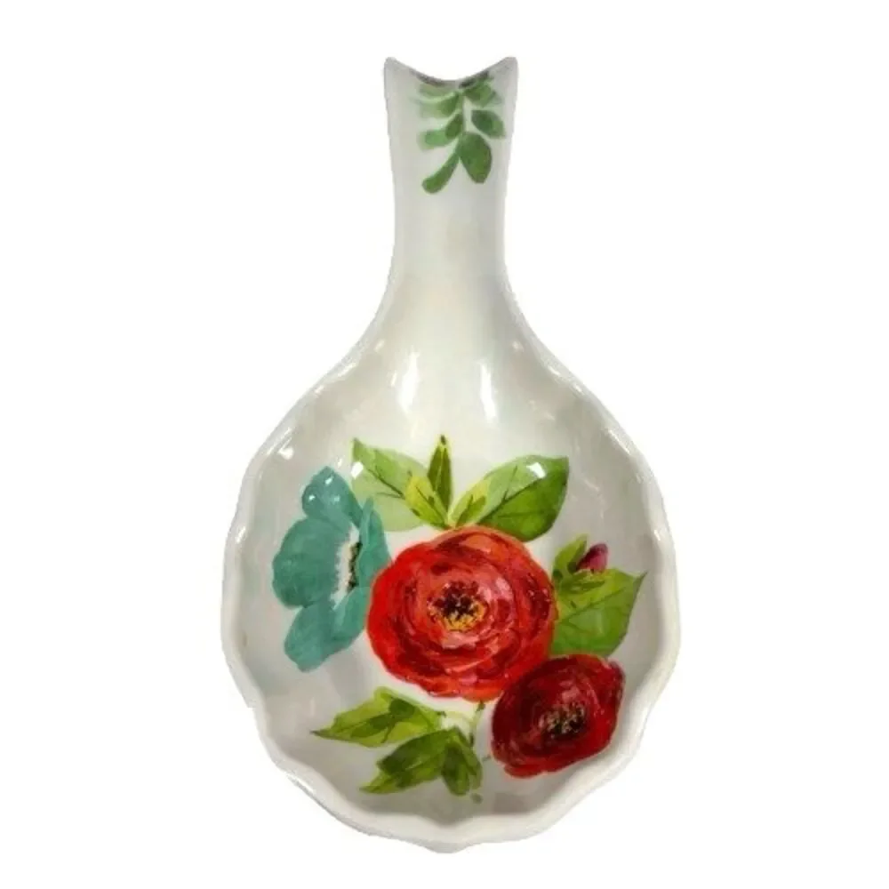 Vintage The Pioneer Women Spoon Rest Red Poppies Floral Pattern Melamine 8.75